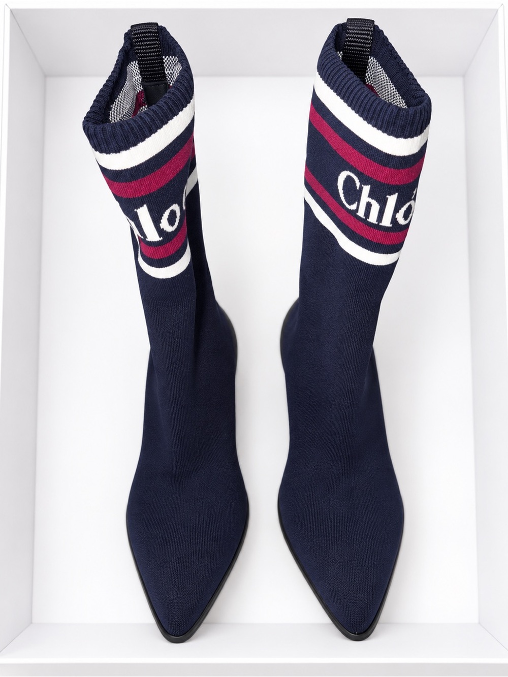 Chloe Navy Knit Logo Sock Boots with White and Red Stripes